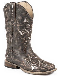 Roper Girls' Belle Silver Underlay Cowgirl Boots - Square Toe, Brown, hi-res