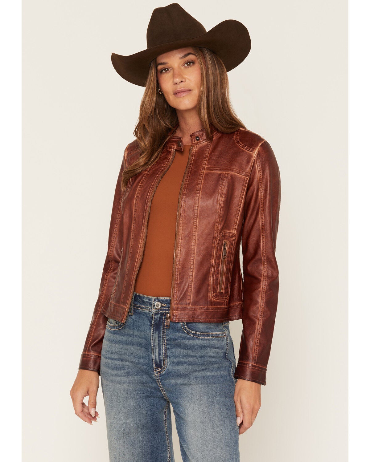 26 International Women's Faux Leather Jacket, Brown, hi-res