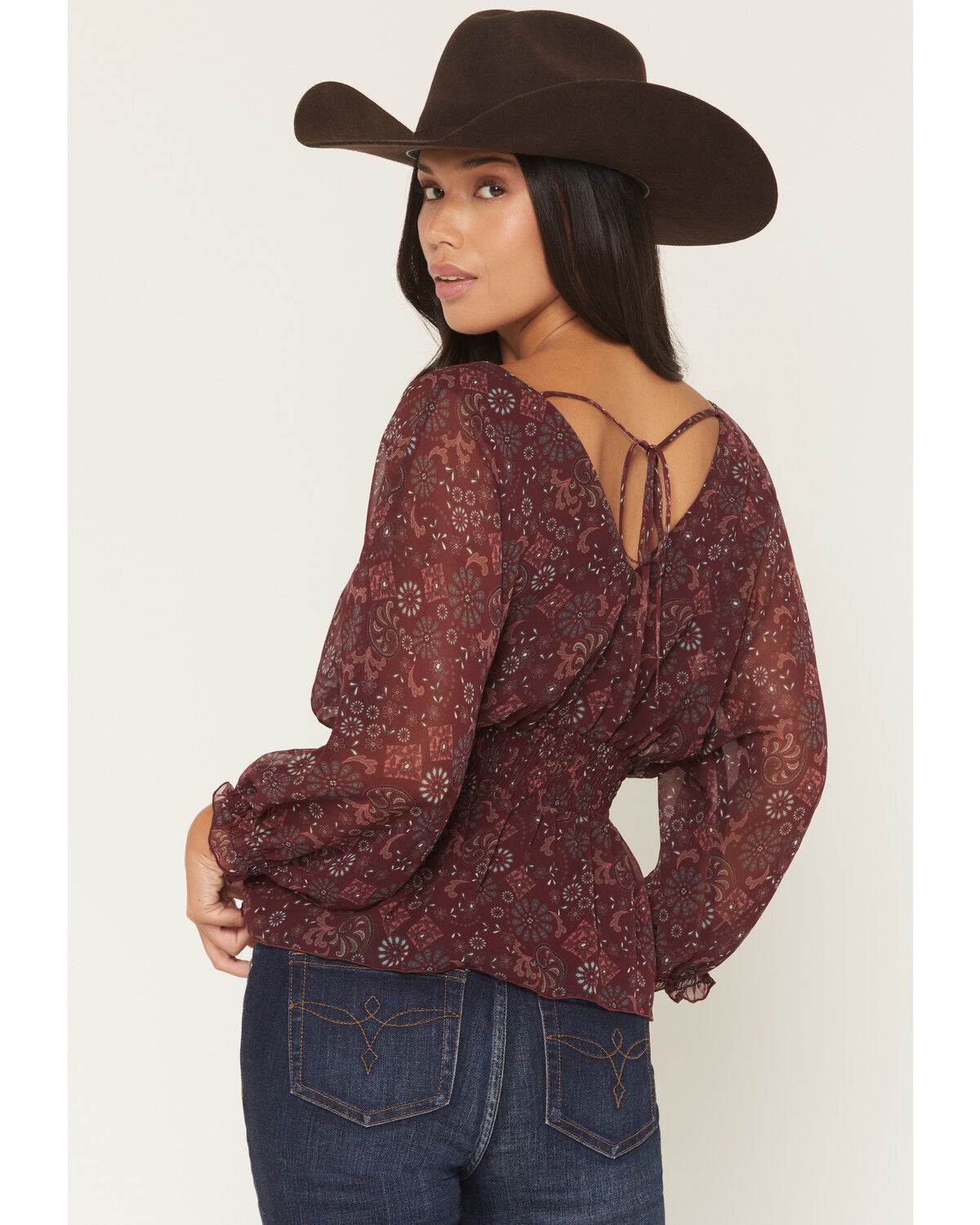 Image #4 - Shyanne Women's Roice Printed Chiffon Smocked Waist Top, Brick Red, hi-res