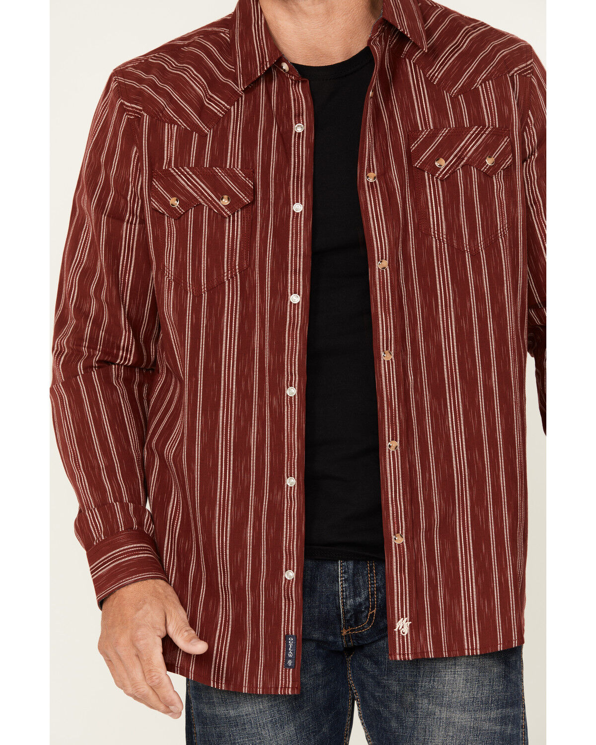 Image #3 - Moonshine Spirit Men's El Jefe Dobby Striped Print Long Sleeve Snap Western Shirt, Burgundy, hi-res