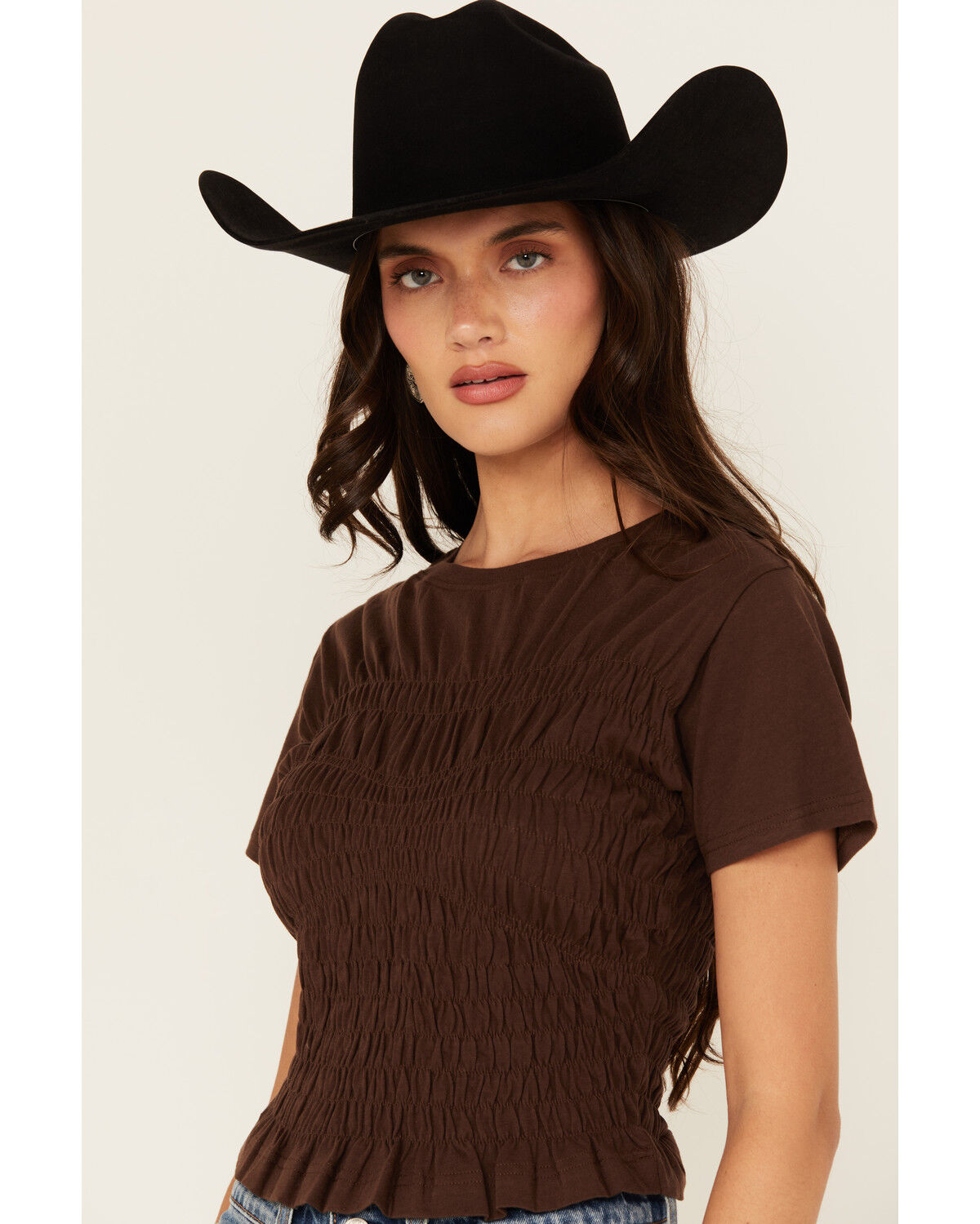 Image #2 - Cleo + Wolf Women's Shirred Short Sleeve Shirt, Brown, hi-res