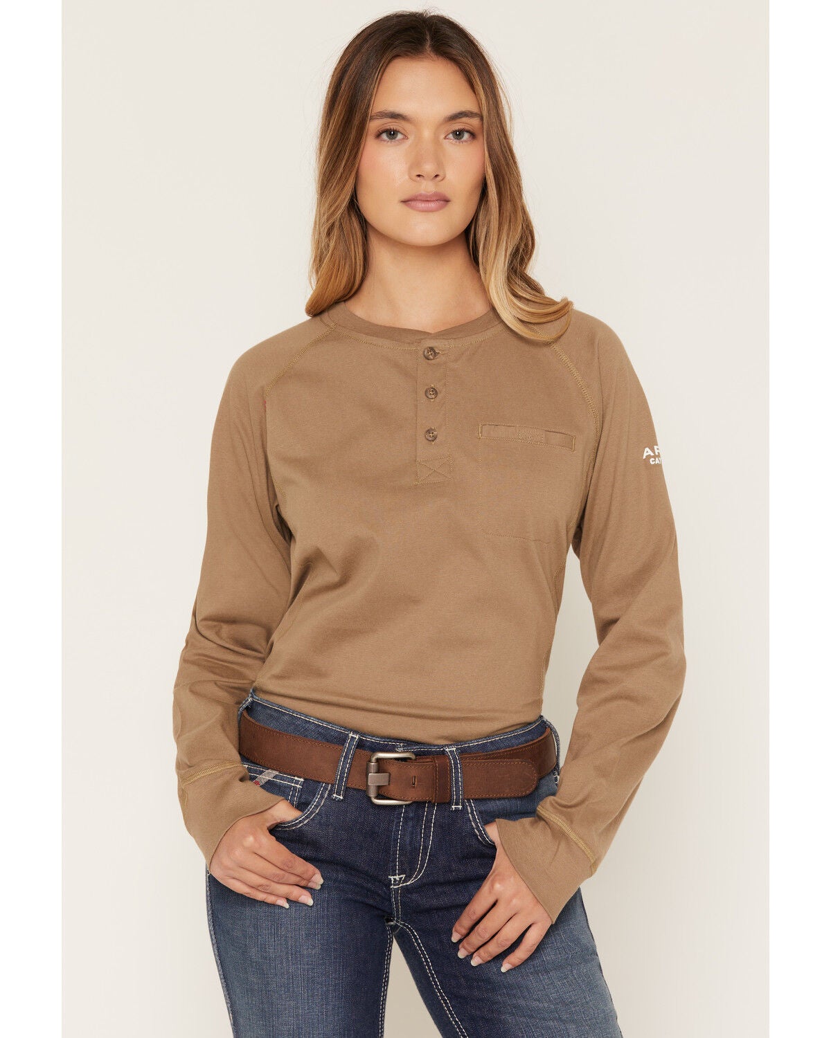 Image #1 - Ariat Women's FR Air Henley Long Sleeve Work Shirt, Beige, hi-res