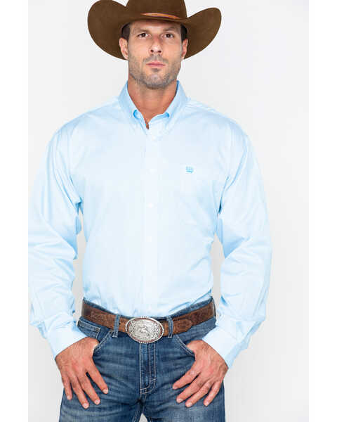Image #1 - Cinch Men's Tencel Mini Striped Long Sleeve Button-Down Western Shirt, Light Blue, hi-res