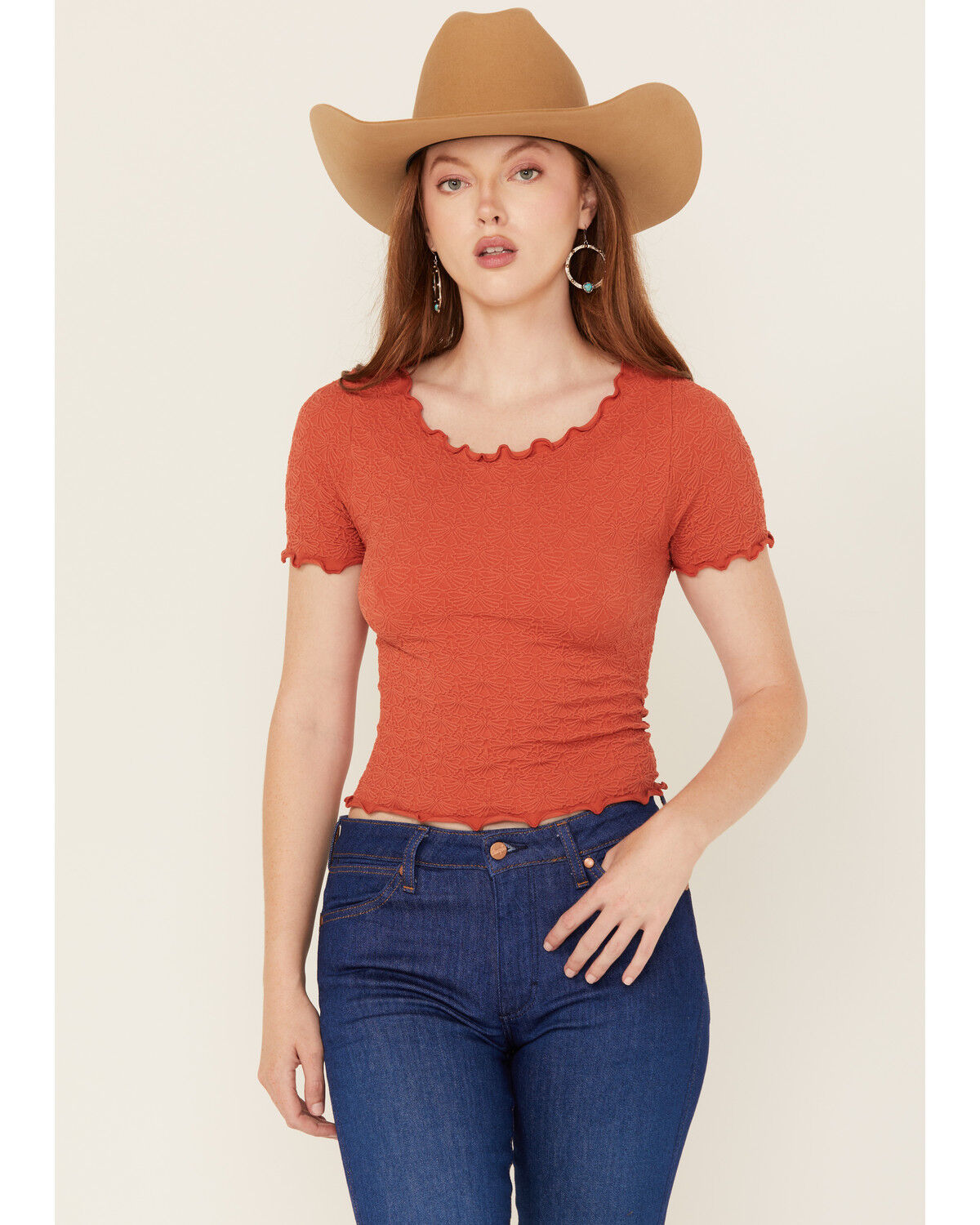 Image #1 - Fornia Women's Solid Lettuce Edge Short Sleeve Tee, Red, hi-res