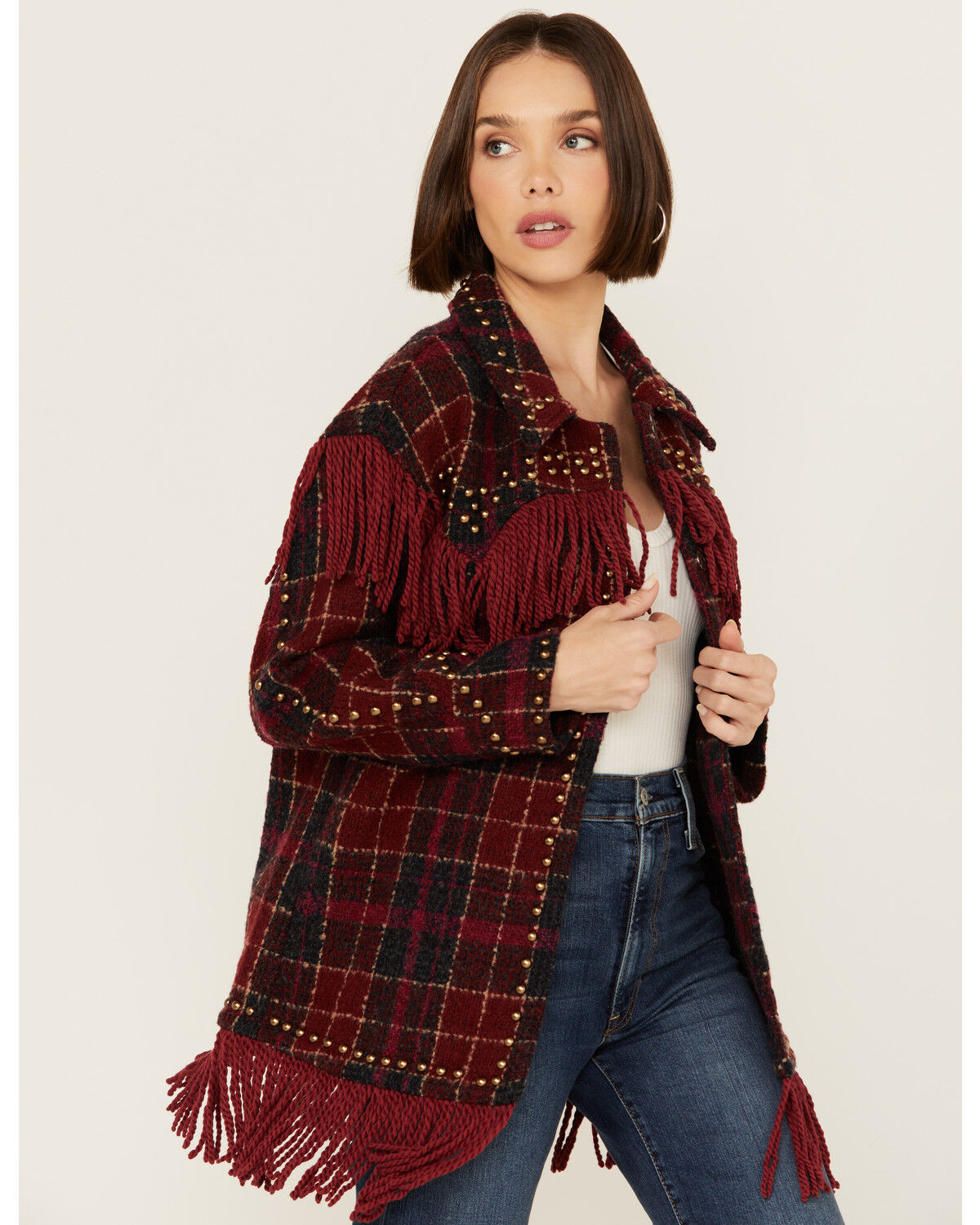 Image #2 - Vocal Women's Tweed Plaid Fringe Jacket, Red, hi-res