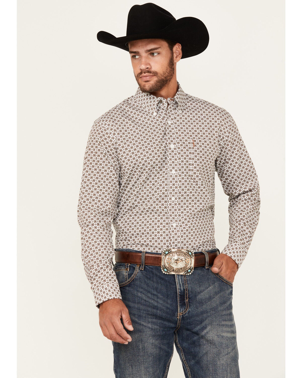Image #1 - Cinch Men's Geo Print Long Sleeve Button-Down Western Shirt, White, hi-res