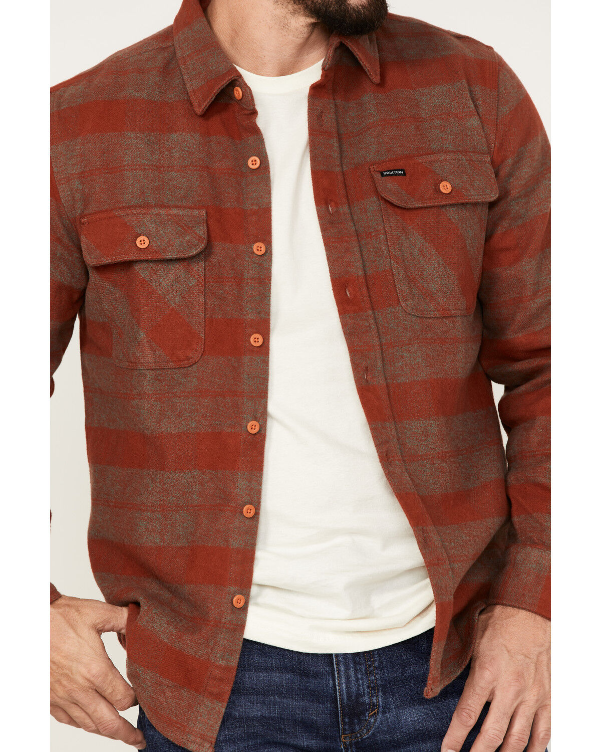 Image #3 - Brixton Men's Bowery Long Sleeve Button Down Flannel Shirt, Rust Copper, hi-res