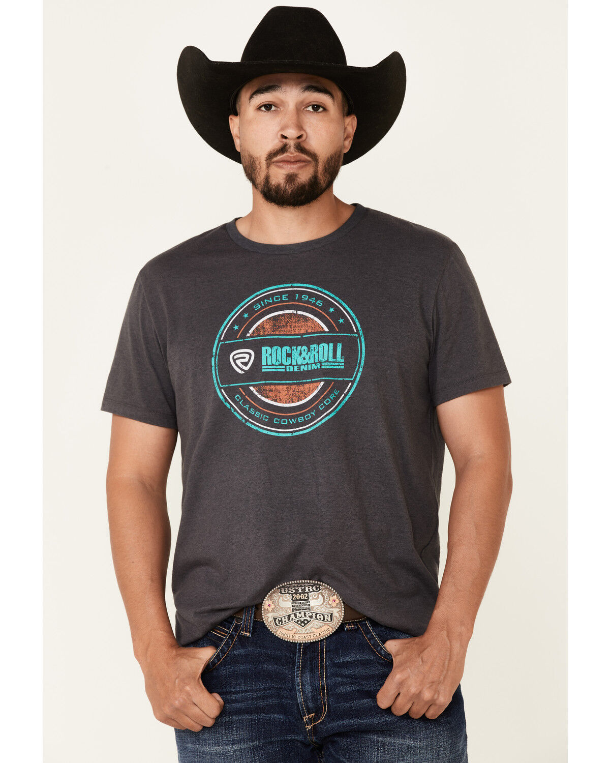 Image #1 - Rock & Roll Denim Men's Charcoal Circle Graphic Short Sleeve T-Shirt, Charcoal, hi-res