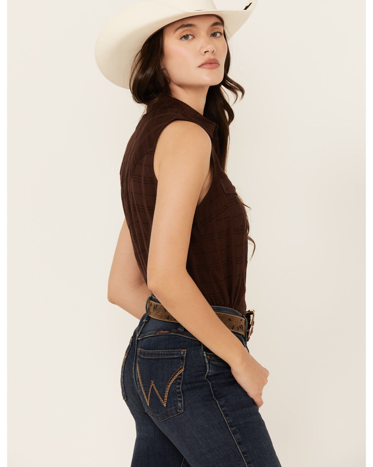 Image #2 - Shyanne Women's Shadow Striped Sleeveless Button-Down Western Shirt, Chocolate, hi-res