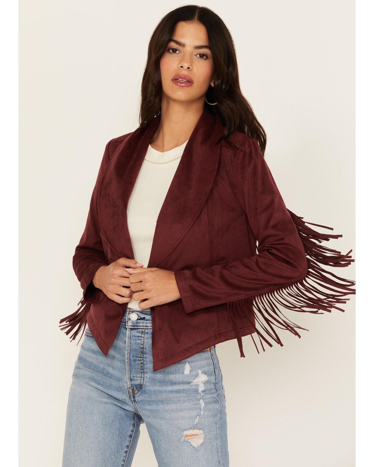 Image #1 - Shyanne Women's Faux Suede Fringe Jacket, Maroon, hi-res