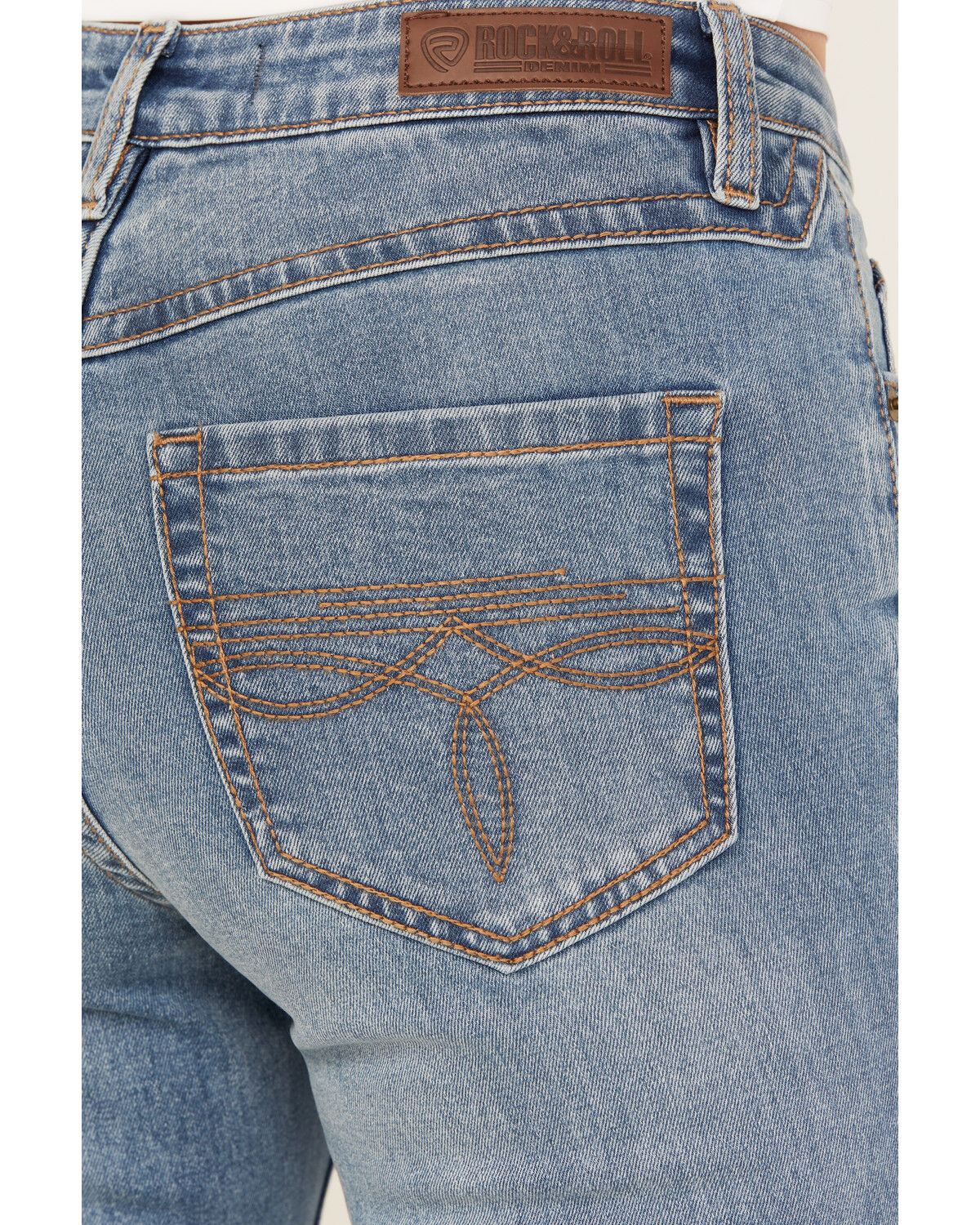 Image #4 - Rock & Roll Denim Women's Medium Wash Mid Rise Distressed Bootcut Stretch Denim Jeans, Medium Wash, hi-res