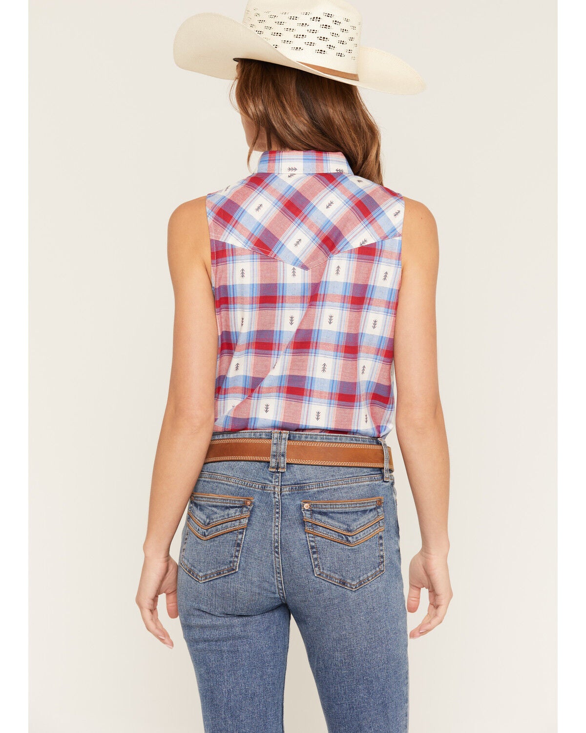 Image #4 - Shyanne Women's Rushmore Dobby Plaid Print Sleeveless Snap Western Shirt, Red/white/blue, hi-res
