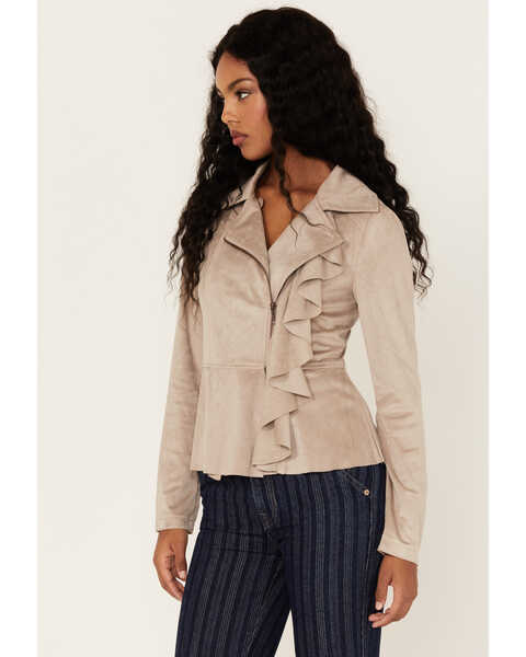 Image #2 - Shyanne Women's Ruffle Faux Suede Moto Jacket, Taupe, hi-res