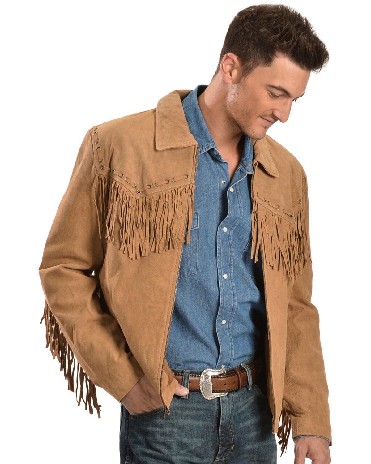 Scully Men's Fringed Suede Leather Short Jacket, Bourbon, hi-res