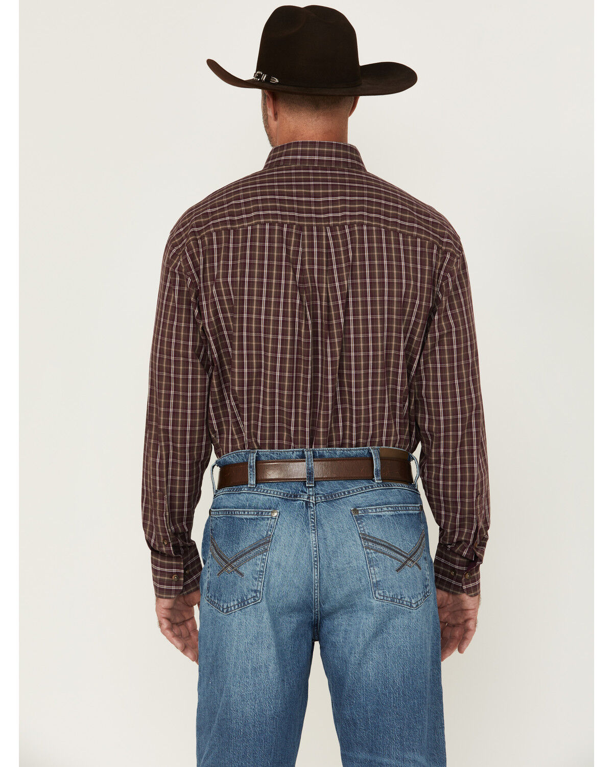 Image #4 - George Strait by Wrangler Men's Plaid Print Long Sleeve Button-Down Stretch Western Shirt - Big, Burgundy, hi-res
