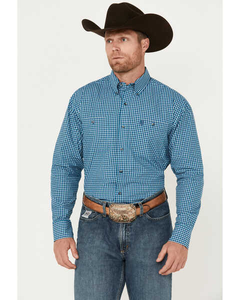 George Strait by Wrangler Men's Plaid Print Long Sleeve Button-Down Western Shirt, Dark Blue, hi-res
