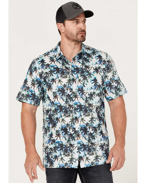 Scully Men's Palm Tree Floral Print Short Sleeve Button Down Western Shirt , White, hi-res