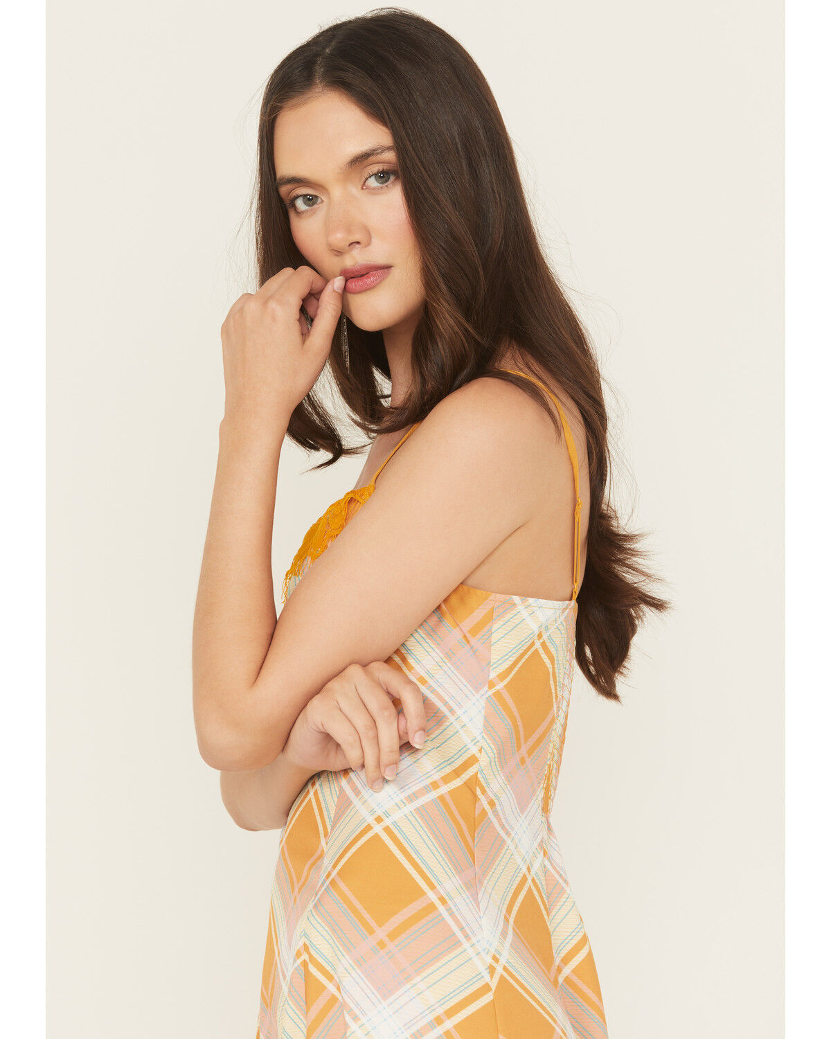 Image #2 - Beyond The Radar Women's Plaid Print Lace Trim Sleeveless Maxi Dress, Gold, hi-res