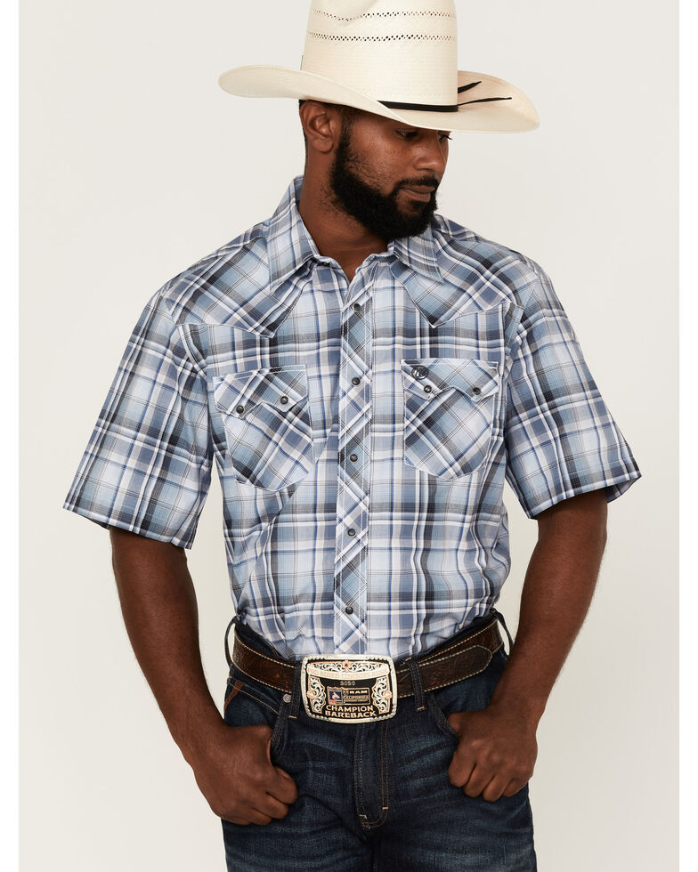 Wrangler Retro Men's Large Plaid Short Sleeve Snap Western Shirt , Blue, hi-res