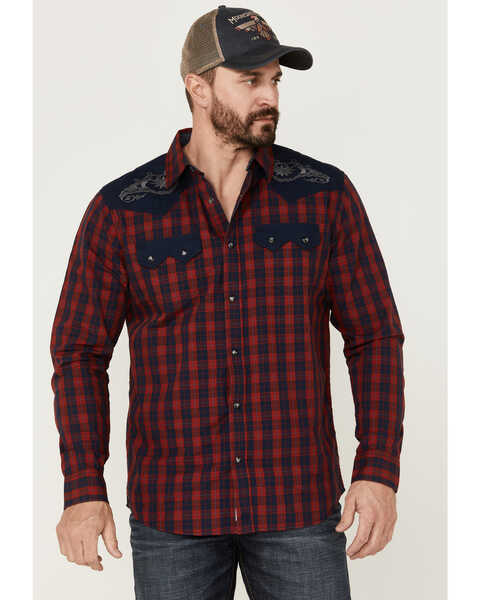 Image #1 - Moonshine Spirit Men's Jefferson Small Plaid Embroidered Long Sleeve Snap Western Shirt , Red, hi-res