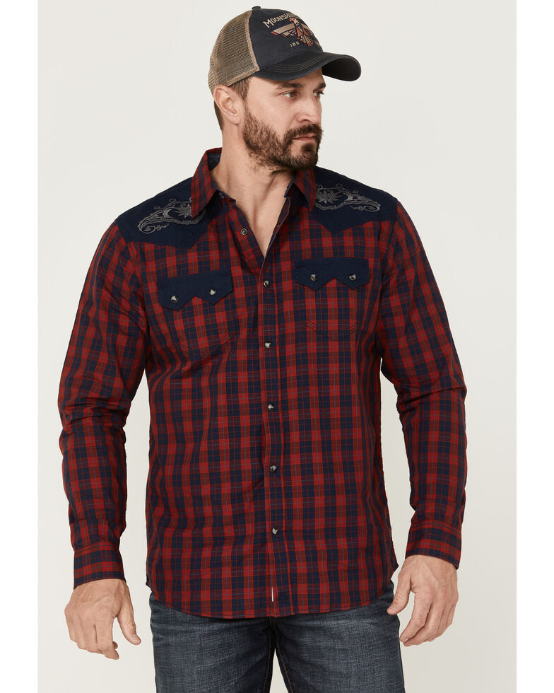 Moonshine Spirit Men's Jefferson Small Plaid Embroidered Long Sleeve Snap Western Shirt , Red, hi-res