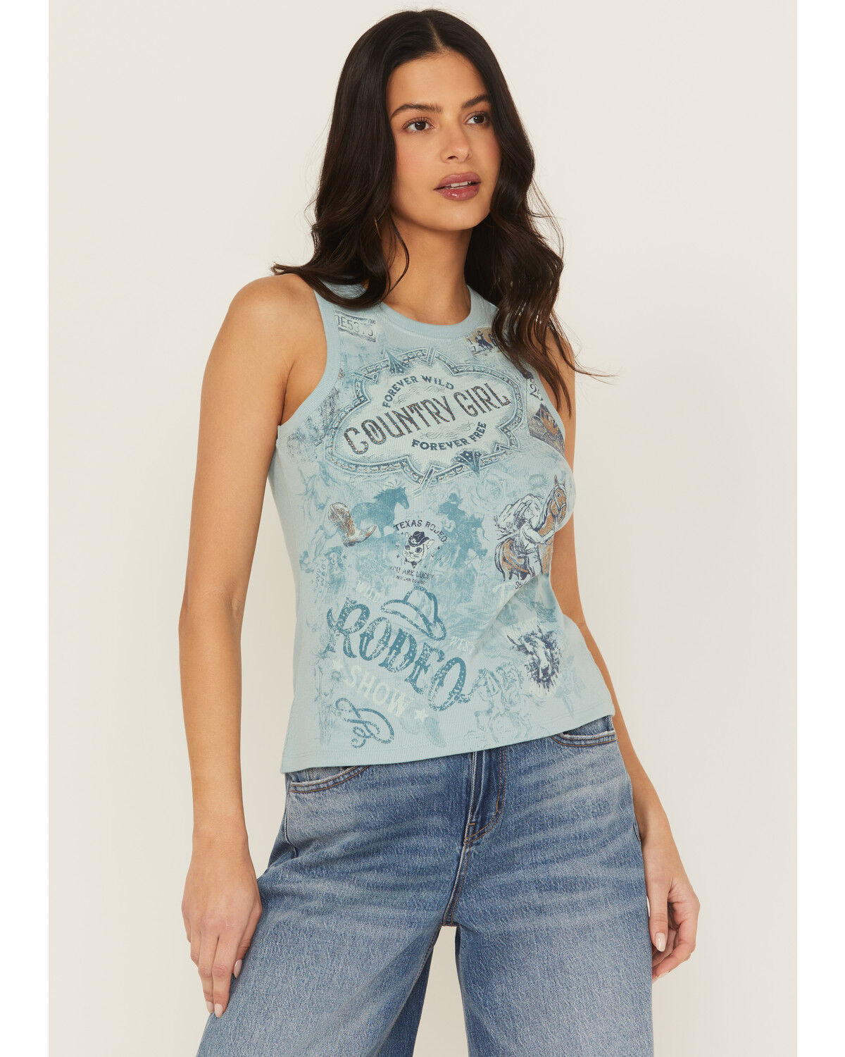 Image #1 - Shyanne Women's Rhinestone Icon Rib Knit Graphic Tank, Aqua, hi-res