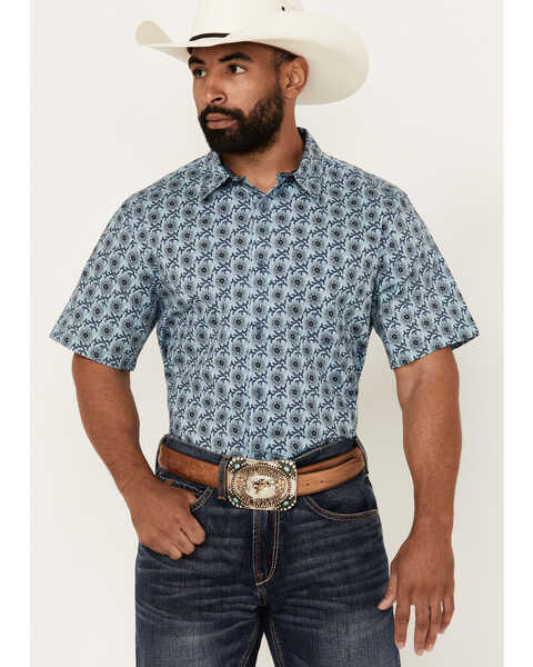 Cody James Men's Sunny Day Floral Medallion Print Short Sleeve Button-Down Stretch Western Shirt , Light Blue, hi-res