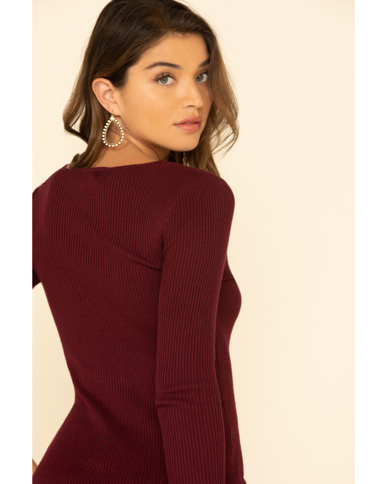 Red Label by Panhandle Women's Lace Up Ribbed Sweater, Burgundy, hi-res