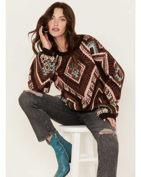 Rock & Roll Denim Southwestern Print Knit Sweater, Brown, hi-res