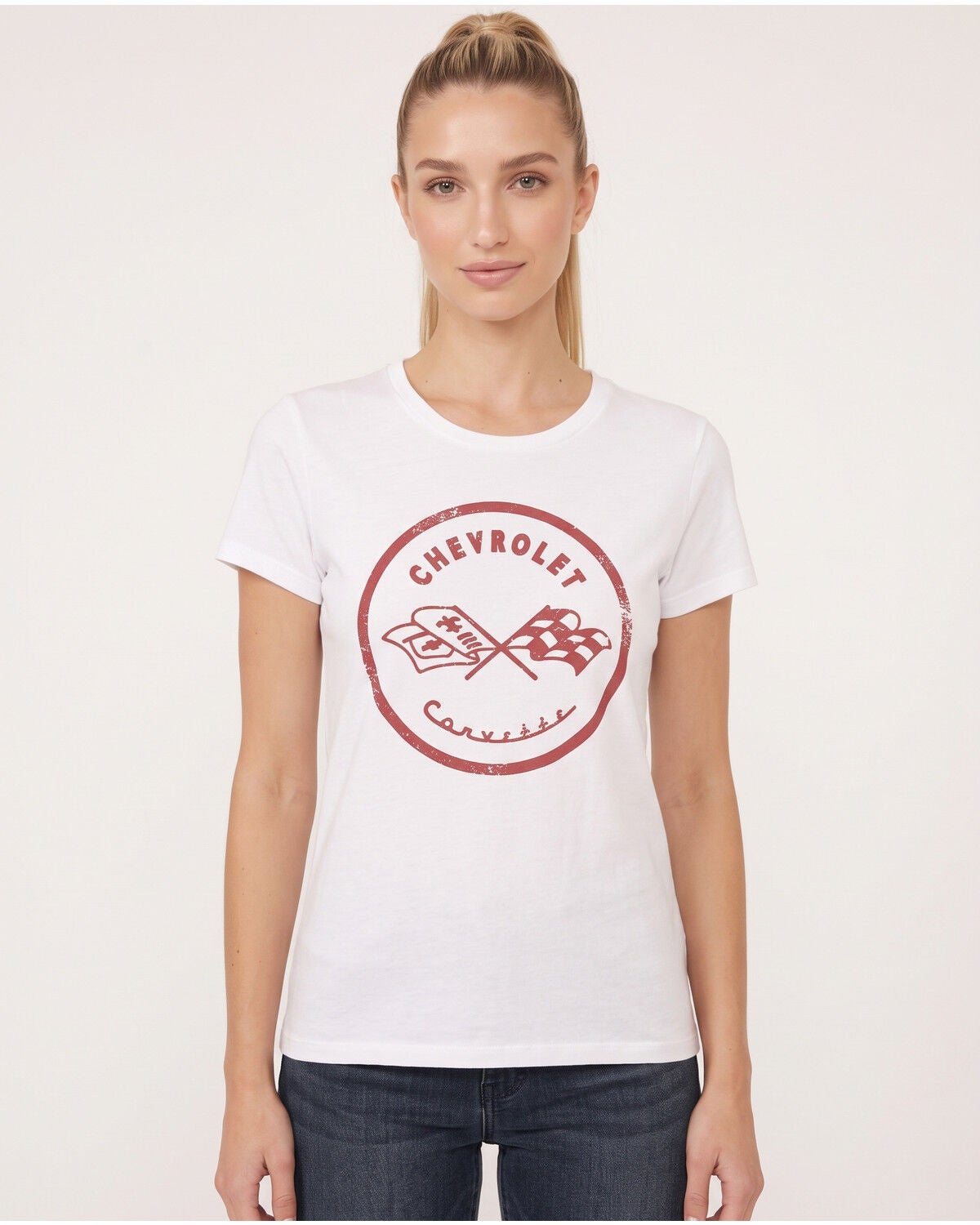 Chevy Women's Retro Corvette Short Sleeve Graphic Tee, White, hi-res