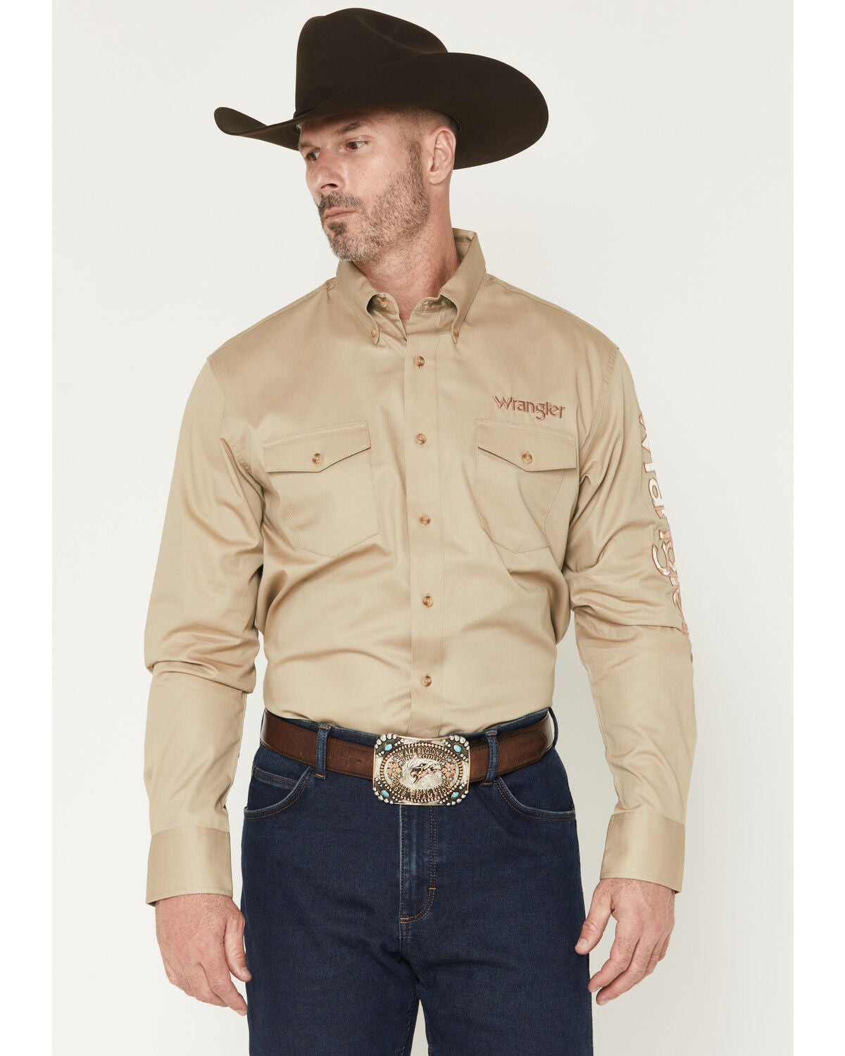 Wrangler Men's Logo Long Sleeve Button-Down Western Shirt