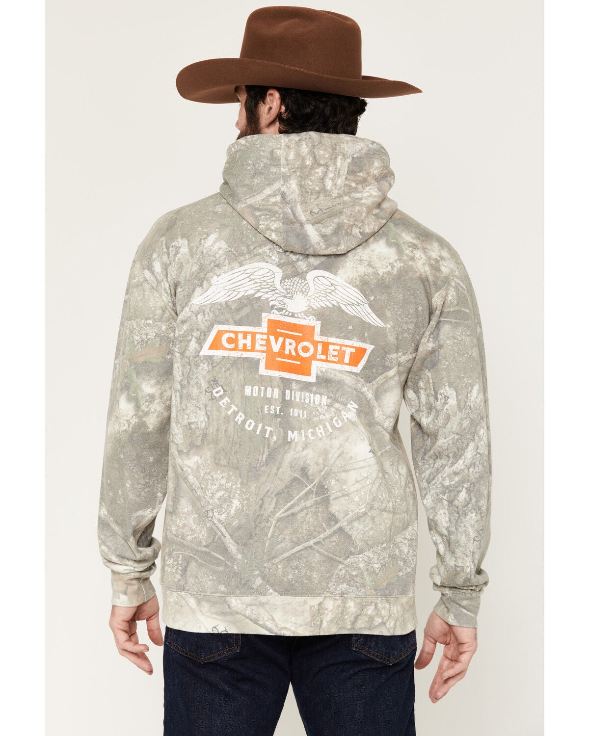 Image #1 - Buckwear Men's Camo Print Chevy Logo Eagle Graphic Hooded Sweatshirt, Camel, hi-res