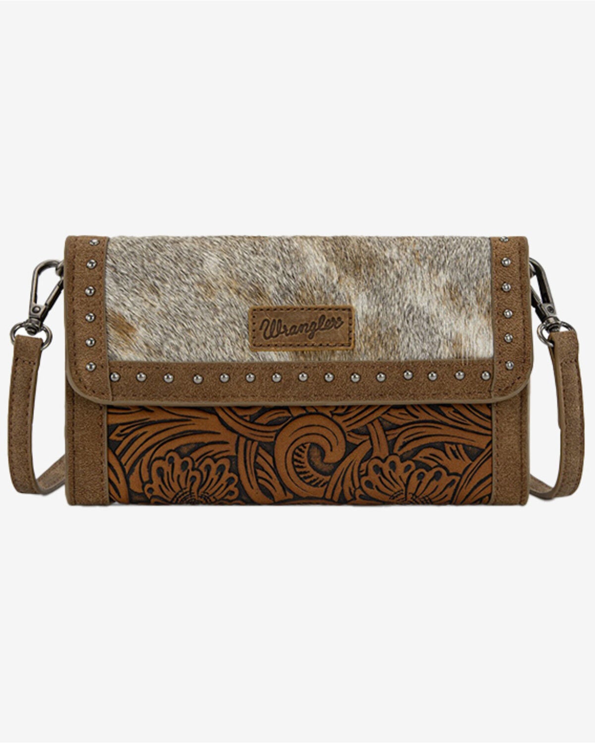 Image #1 - Wrangler Women's Cowhide Embossed Crossbody Wristlet, Brown, hi-res