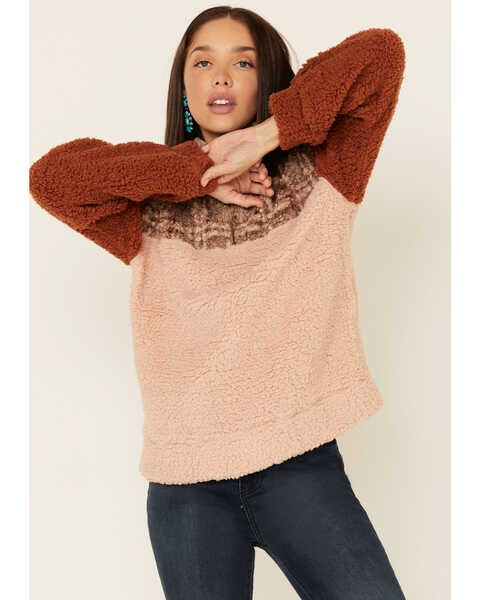 Image #1 - Hem & Thread Women's Plaid Colorblock Sherpa 1/4 Zip Pullover, Multi, hi-res