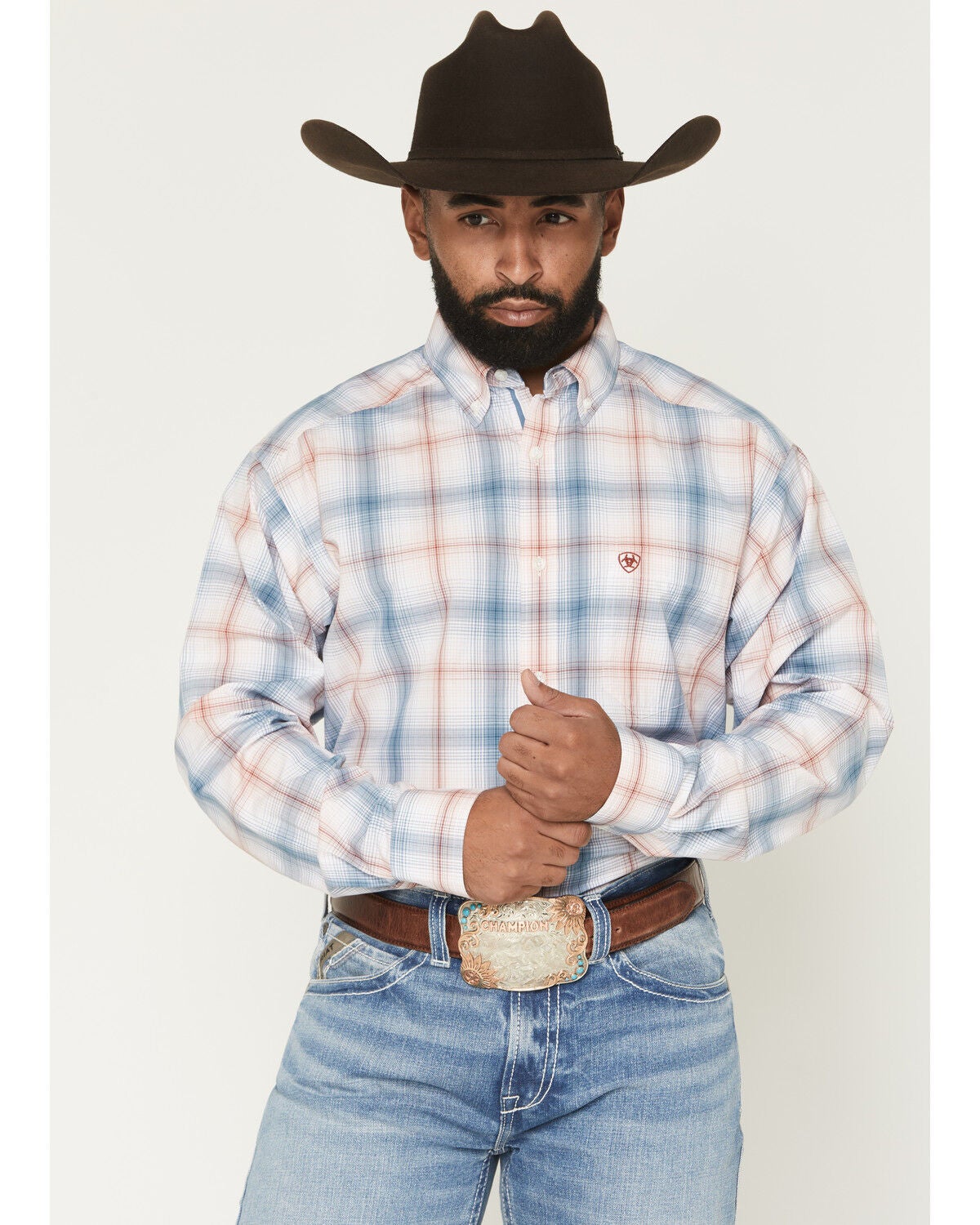 Ariat Men's Pro Series Teddy Plaid Print Long Sleeve Button-Down Western Shirt, White, hi-res