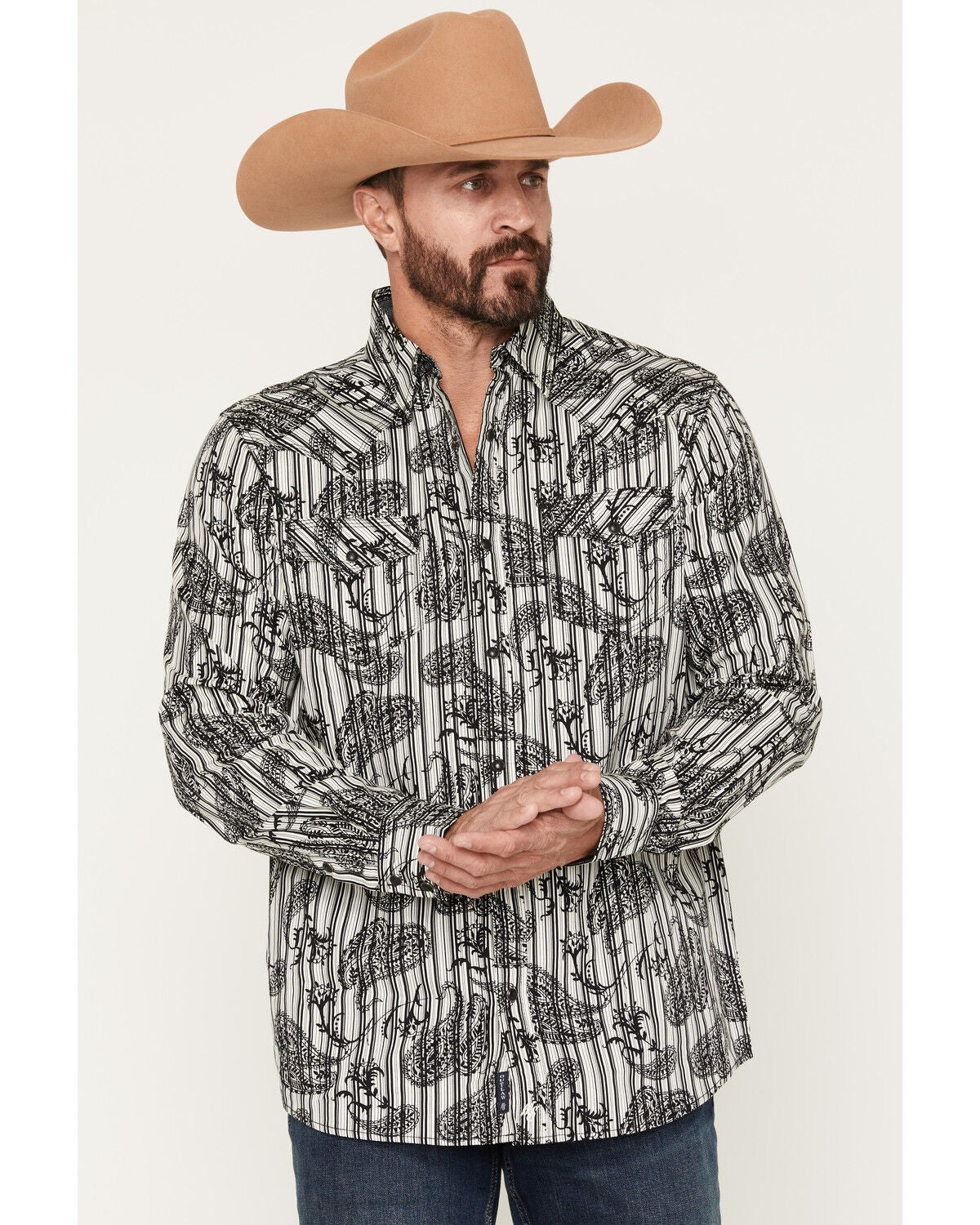 Moonshine Spirit Men's Tap Room Paisley Print Long Sleeve Snap Western Shirt, Cream, hi-res