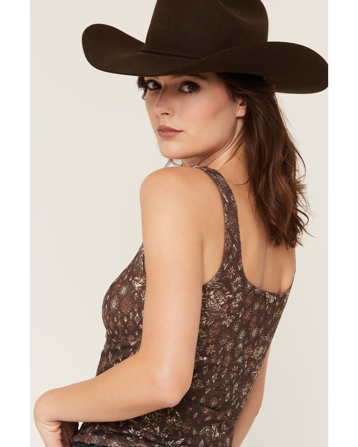 Image #2 - Originality Women's Printed Lace Twist Front Tank Top, Brown, hi-res