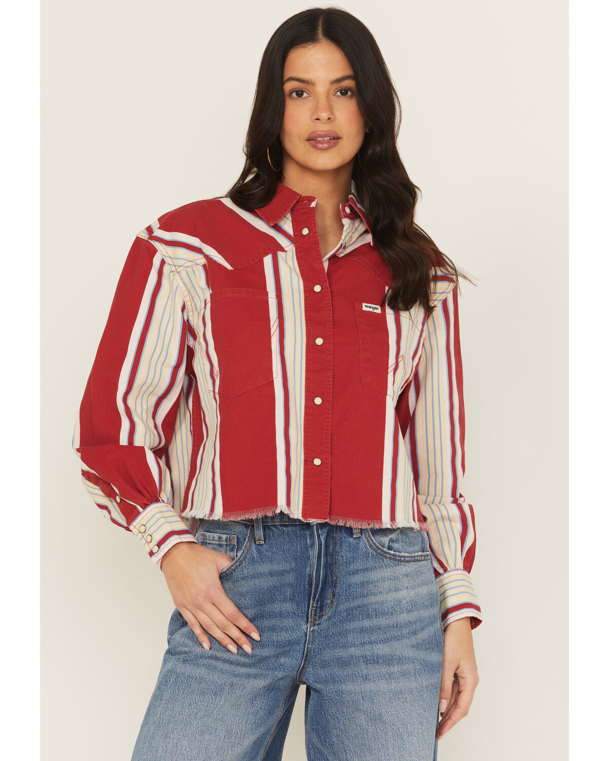 Image #1 - Wrangler Women's Modern Striped Long Sleeve Heritage Long Sleeve Snap Western Shirt, Red, hi-res