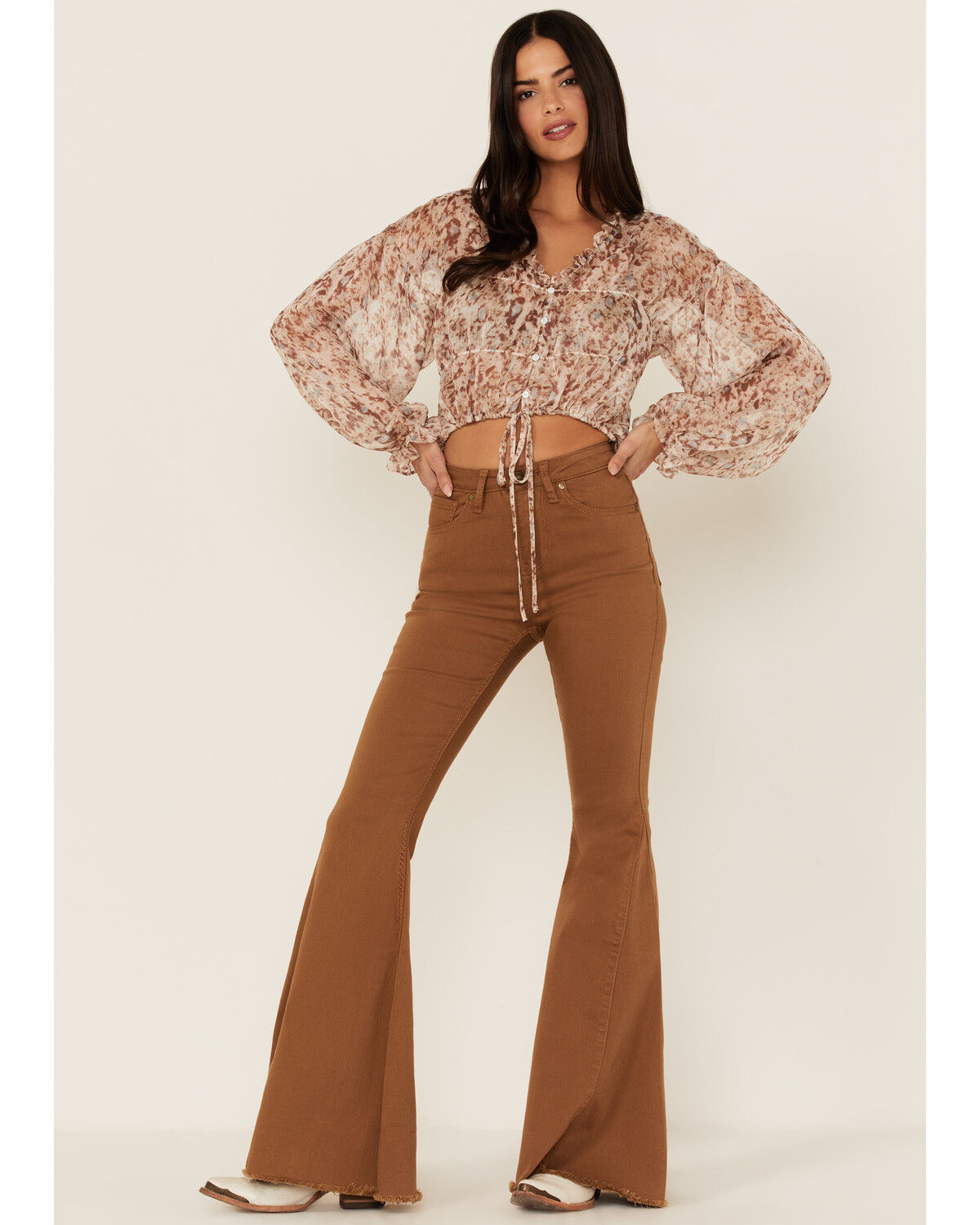 Image #2 - Lush Women's Cinch Detail Long Sleeve Blouse, Brown, hi-res