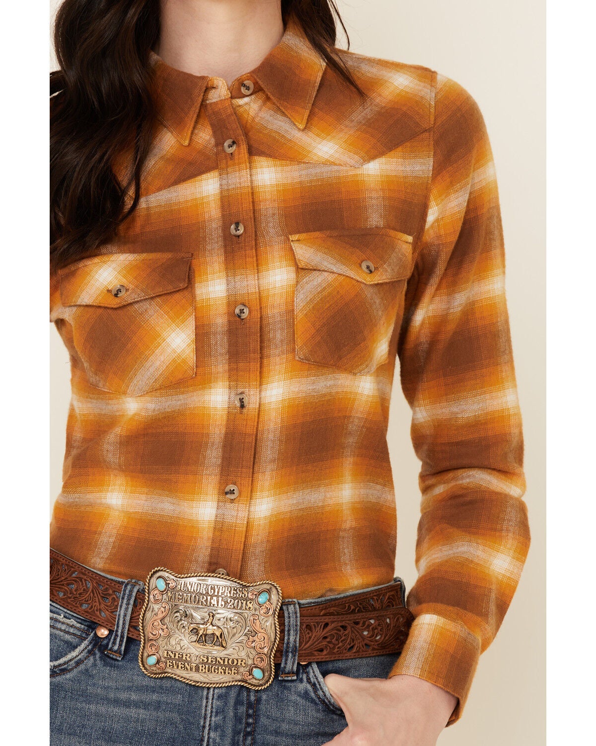 Shyanne Women's Gold Plaid Flannel Long 