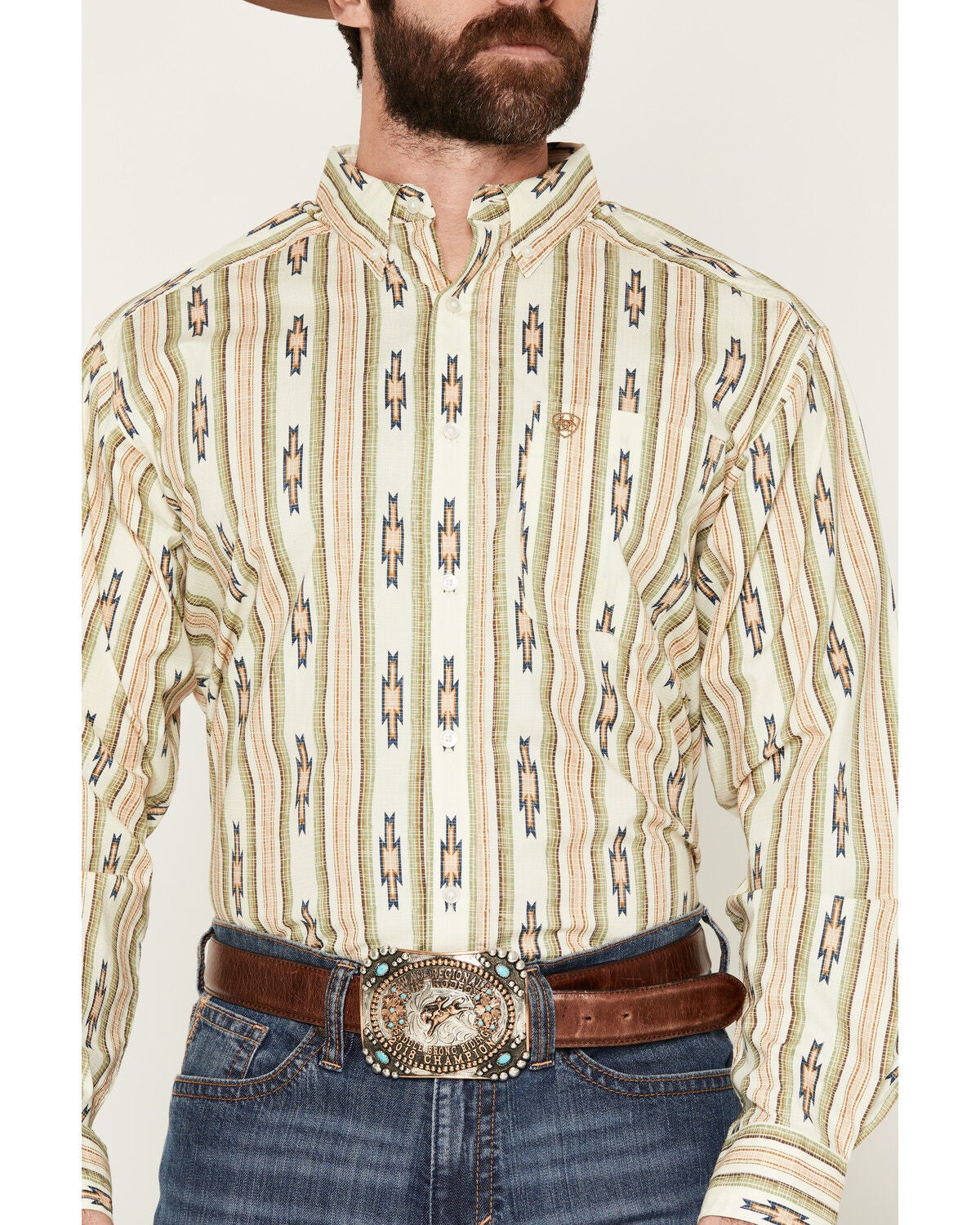 Image #3 - Ariat Men's Stephon Southwestern Striped Long Sleeve Button-Down Western Shirt, Cream, hi-res