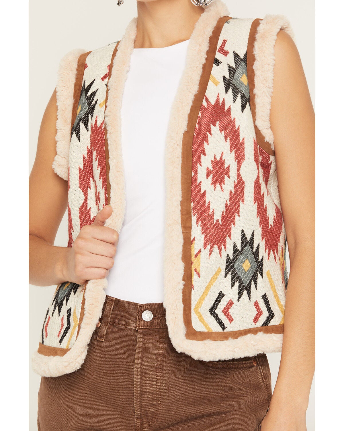 Image #3 - Scully Women's Southwestern Print Sherpa Trim Suede Vest, Sand, hi-res