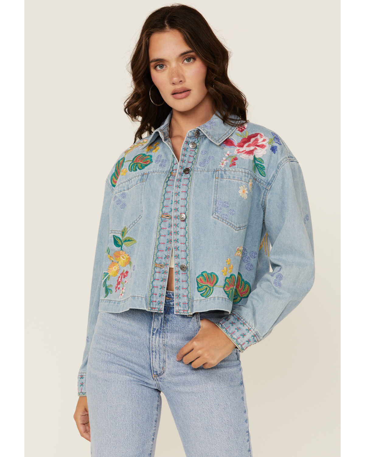 Image #2 - Johnny Was Women's Light Wash Floral Embroidered Cropped Denim Jacket, Light Wash, hi-res