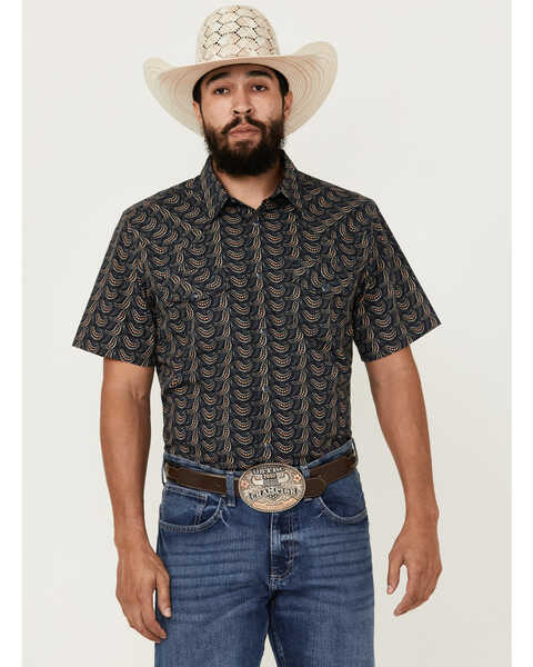 Gibson Men's Disco Ball Geo Print Short Sleeve Snap Western Shirt , Navy, hi-res