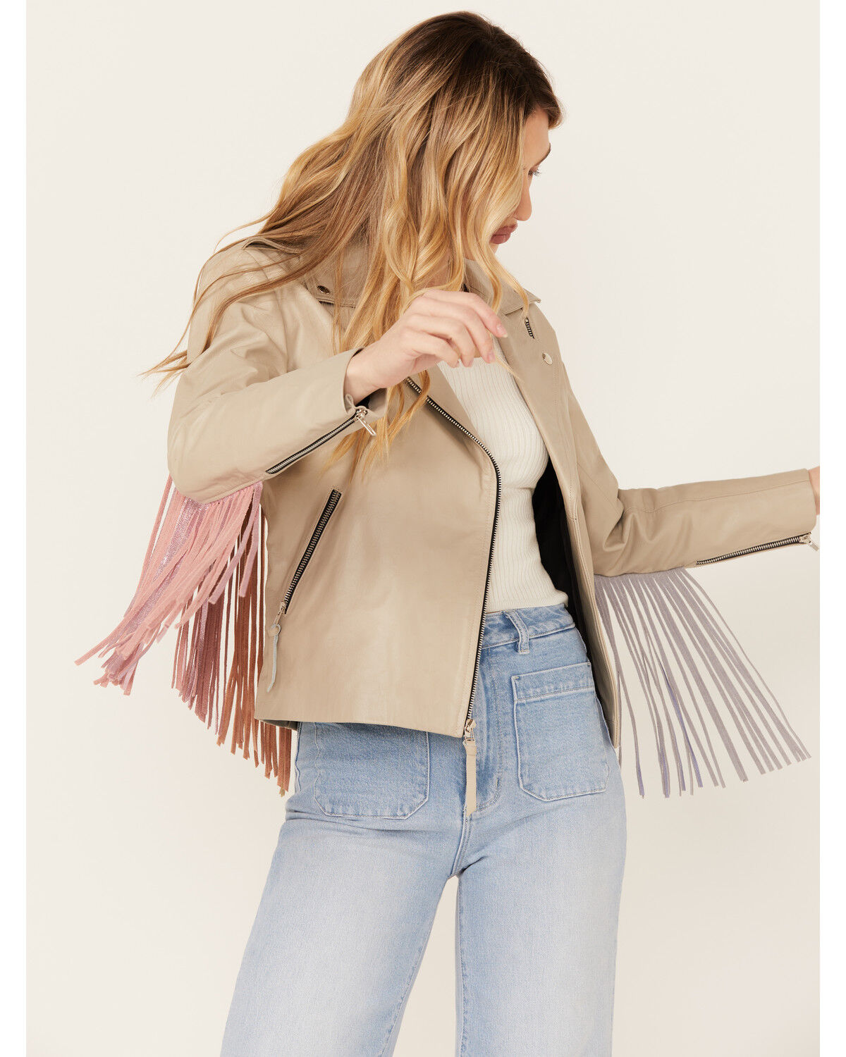 Image #2 - Western & Co Women's Metallic Dreams Fringe Leather Jacket, White, hi-res