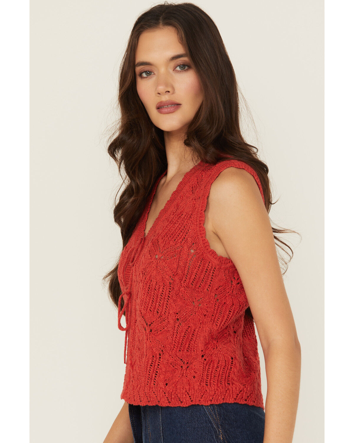 Image #2 - Shyanne Women's Tie-Front Crochet Sweater Vest, Red, hi-res