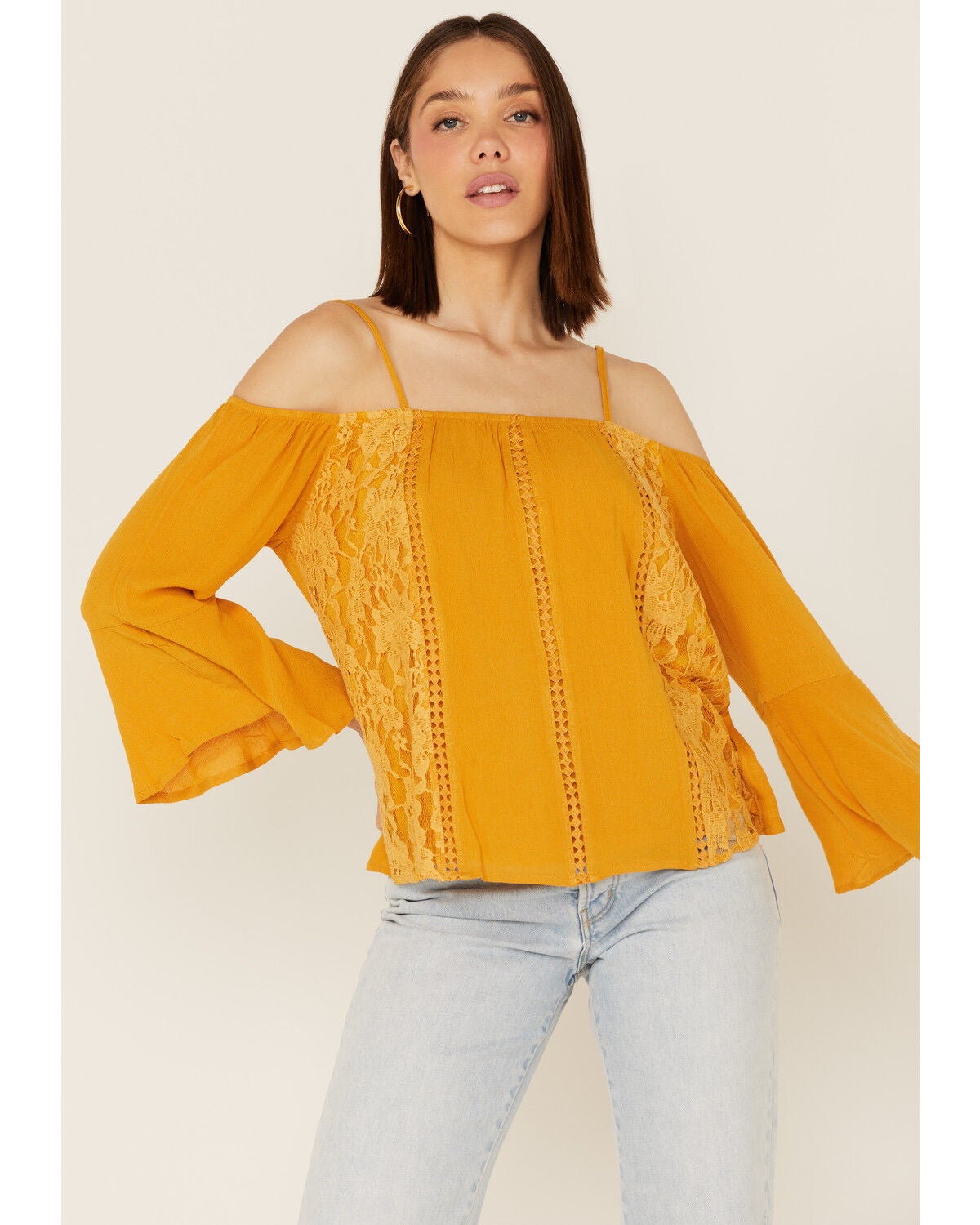 Miss Me Women's Cold Shoulder Lace Top, Mustard, hi-res
