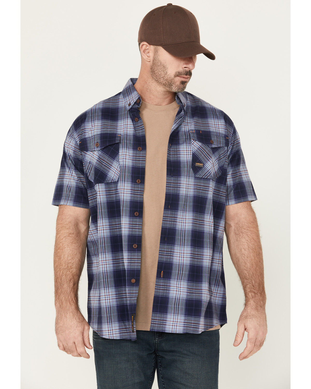 Image #1 - Ariat Men's Rebar Made Tough Short Sleeve Button-Down Stretch Work Shirt, Indigo, hi-res