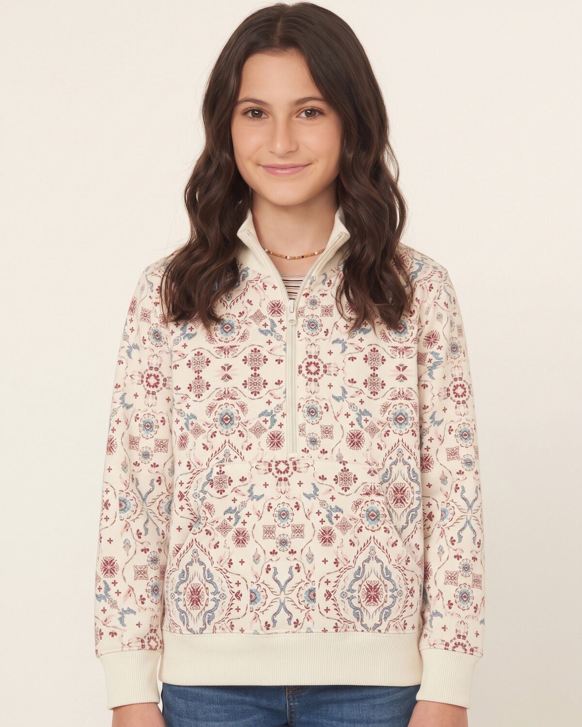 Shyanne Girls' Tapestry Print 1/2 Zip Pullover, Natural, hi-res