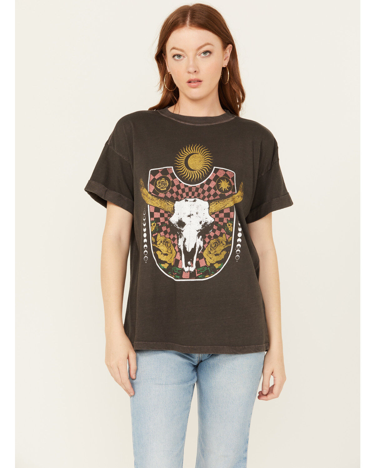Image #1 - Girl Dangerous Women's Steer Head Rose Relaxed Short Sleeve Graphic Tee, Black, hi-res